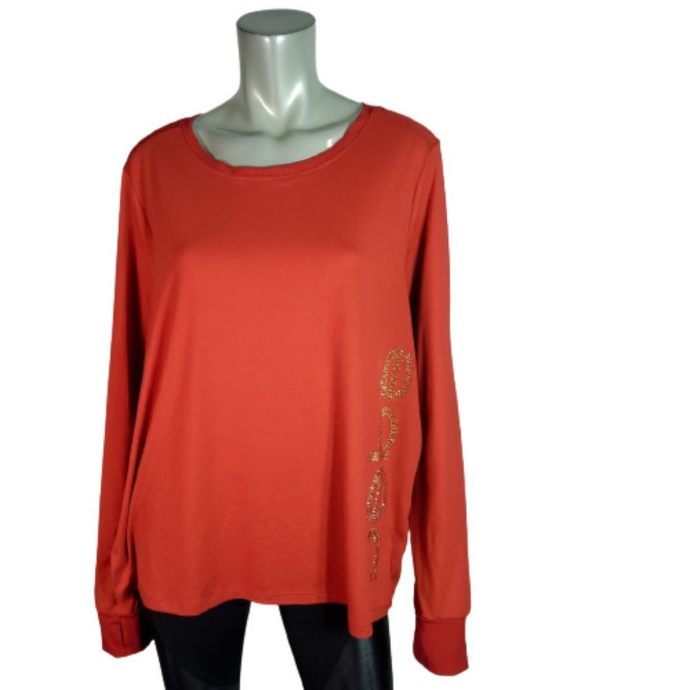 Bebe Sport Top Plus Size 1X Rhinestone Logo Mesh‎ Stretch Long Sleeve Casual Red